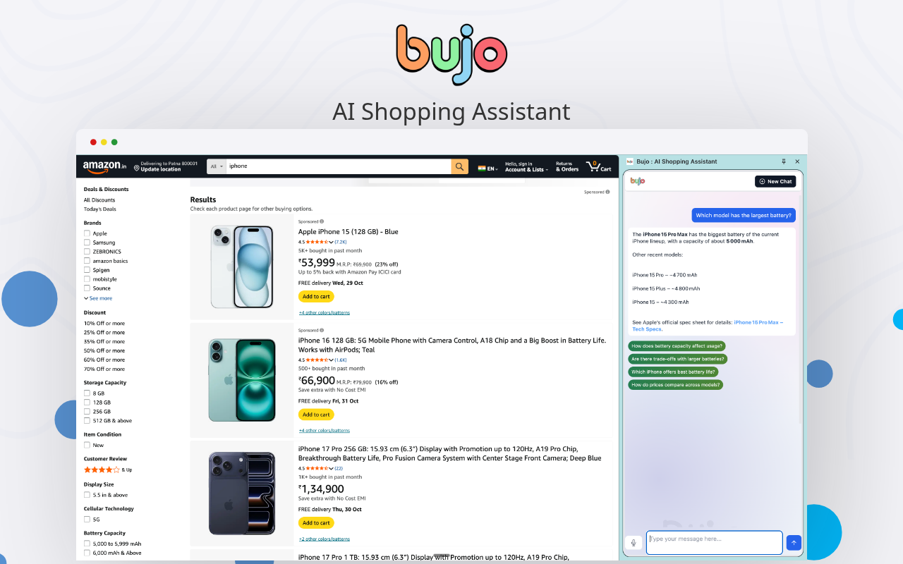Bujo AI Shopping Assistant Chrome extension in the browser, showing in-page shopping help.