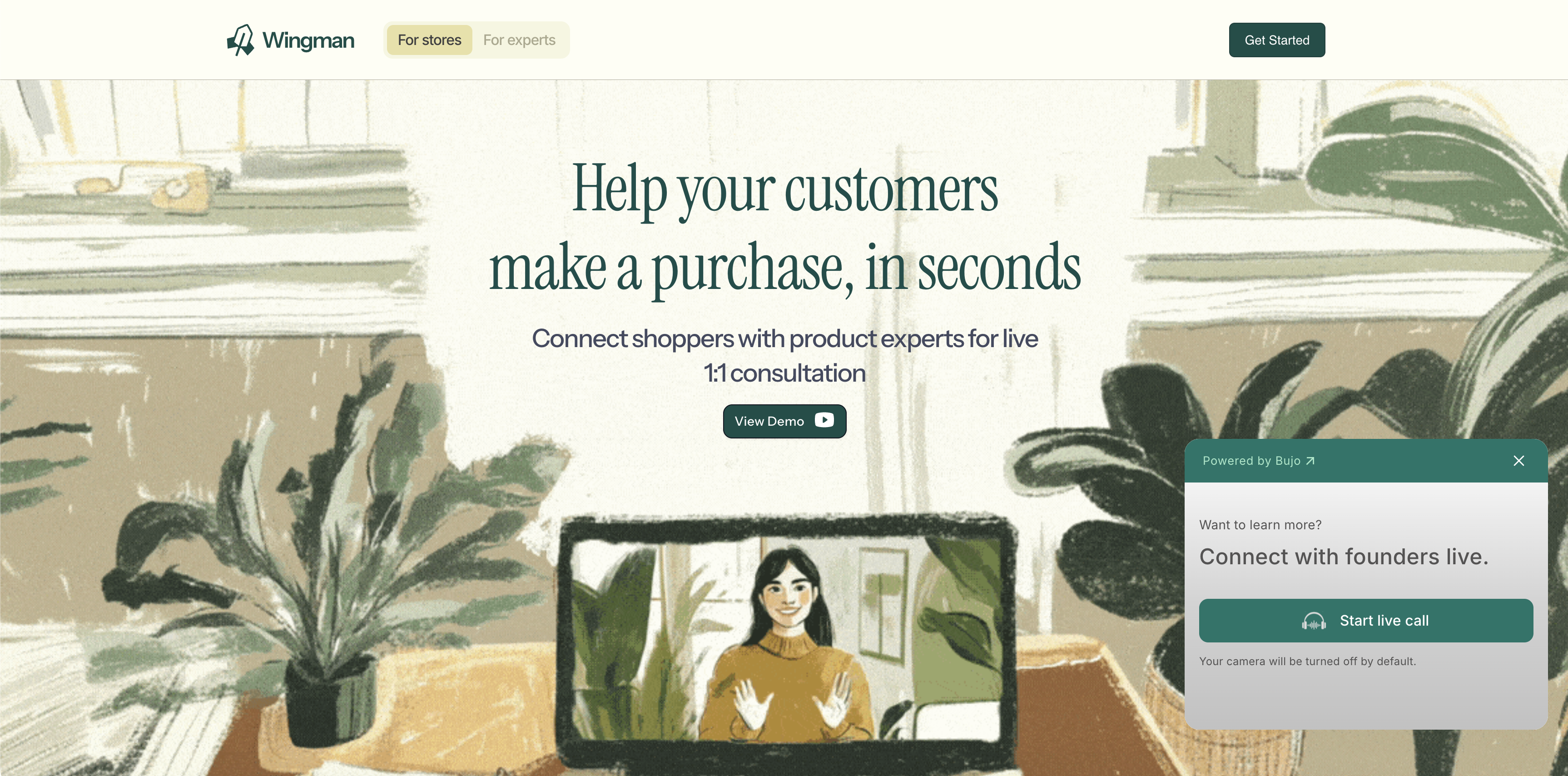 Live video call experience embedded in a retailer storefront: rep and shopper connected in-browser during guided selling.