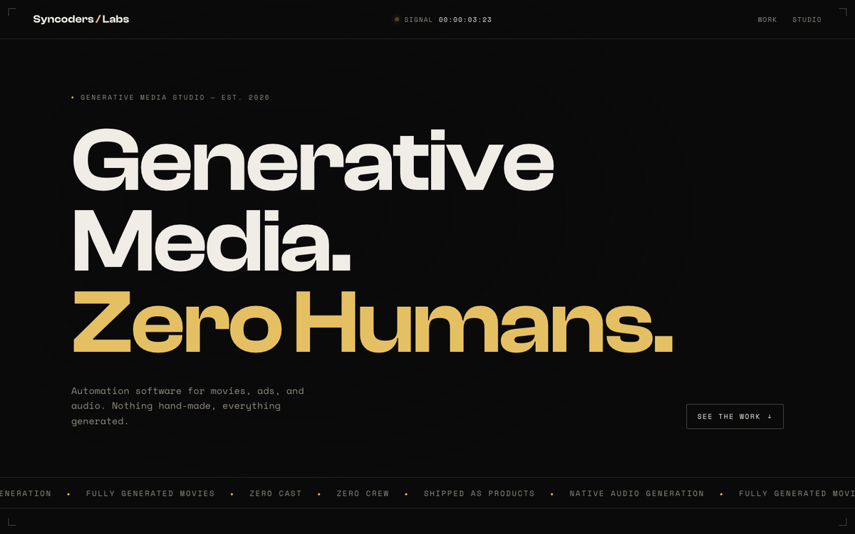 Syncoders Labs homepage: bold display headline over a dark generative backdrop.